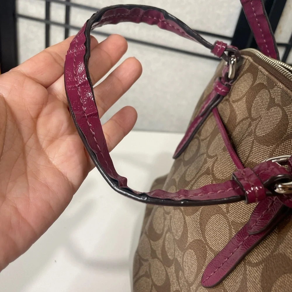 Coach Peyton Signature Cora Domed Satchel Bag Brown Coated Canvas Purple Leather - Picture 13 of 13